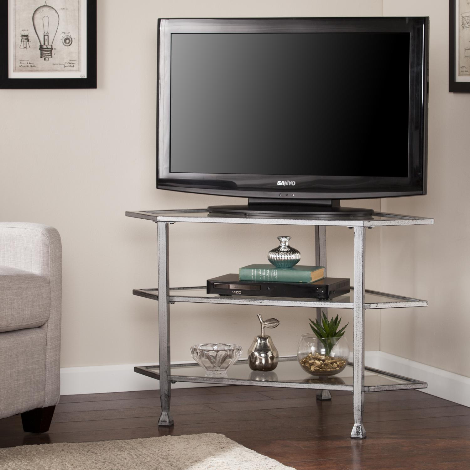 Jaymes Metal Glass Corner Tv Stand Distressed Silver